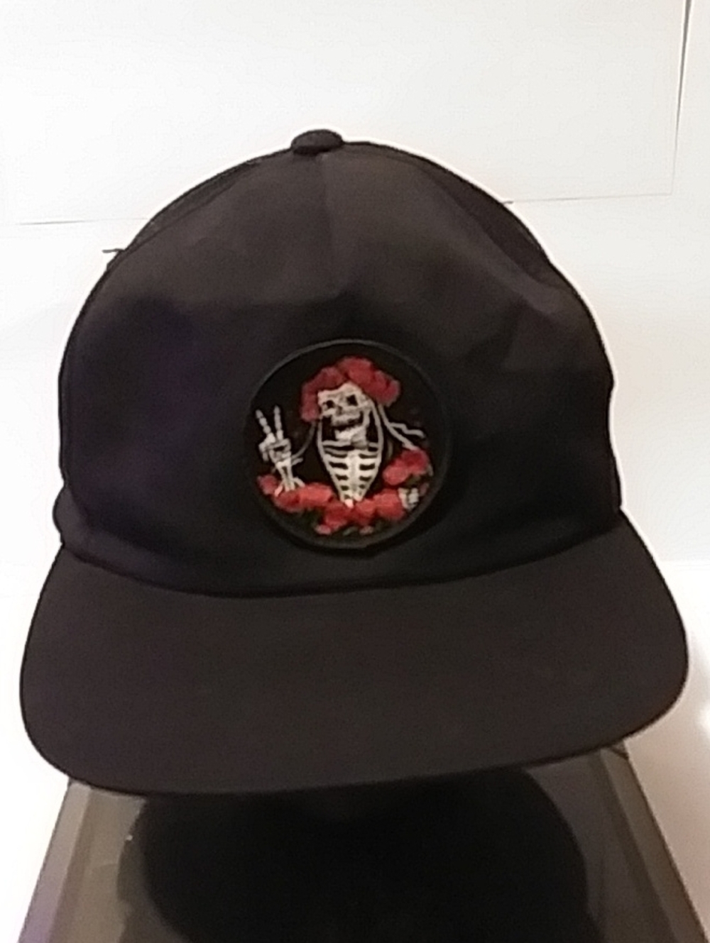 Black Baseball Cap with Skeleton & Red Rose Patch